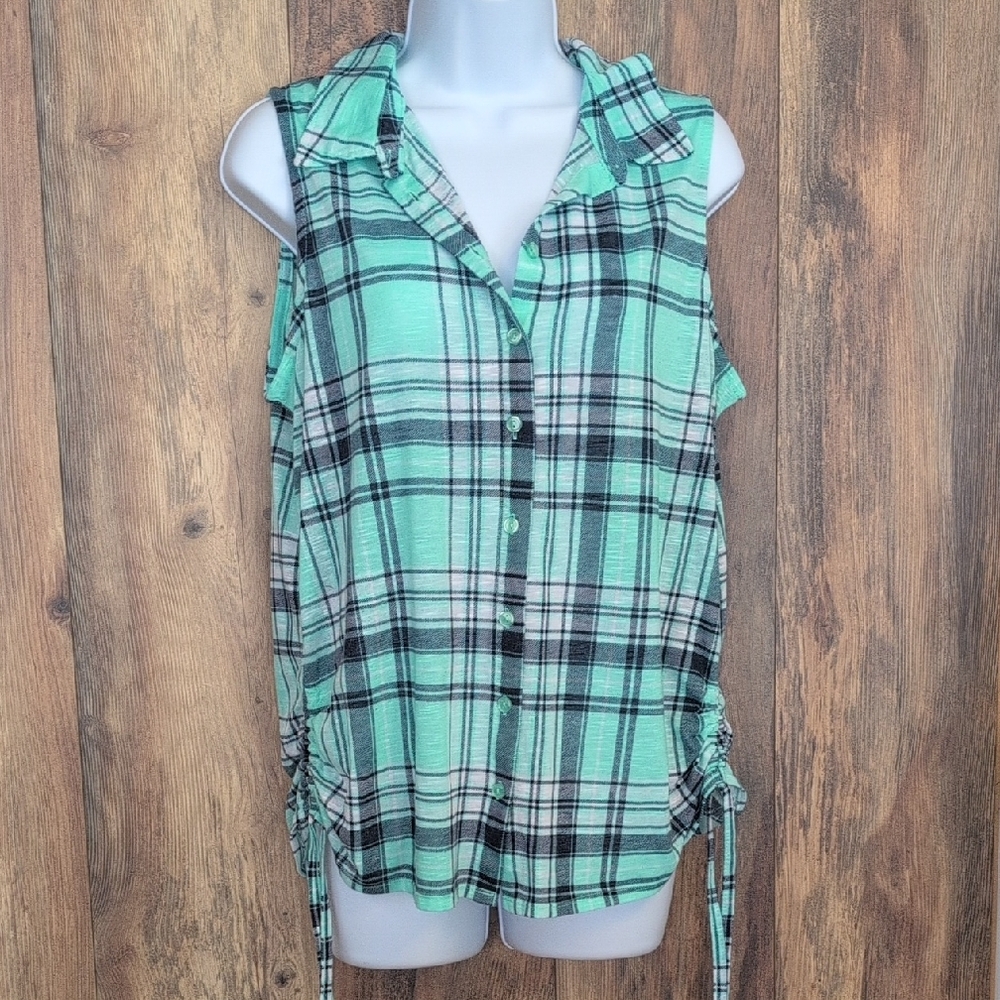 Mint Plaid Sleeveless Flannel Button-Down Shirt L